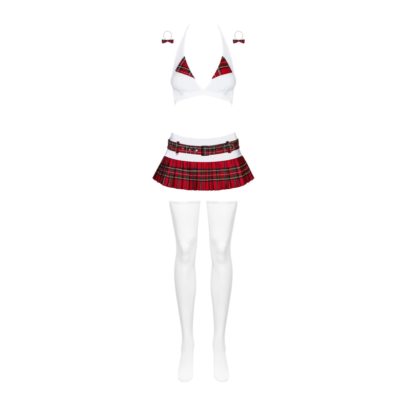 Эротический костюм школьницы с мини-юбкой Obsessive Schooly 5pcs S/M – красный/белый