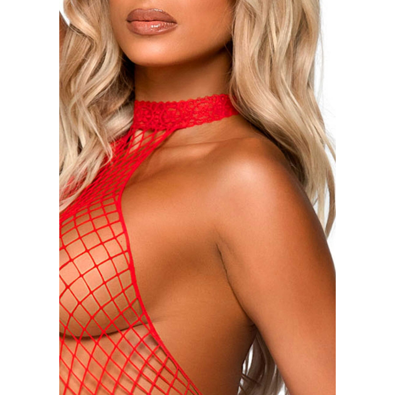 Эротический сетчатый бодистокинг Leg Avenue Racer neck bodystocking Красный