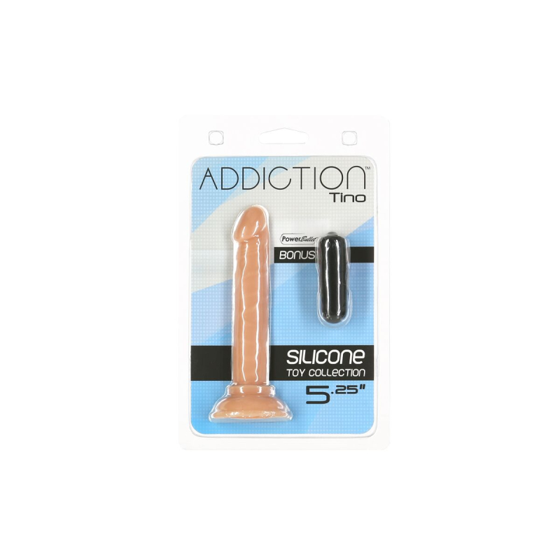 Фалоімітатор ADDICTION Tino, силіконовий, з присоскою, довжина 13.3 см, діам. 1.9 см, вібропуля в подарунок