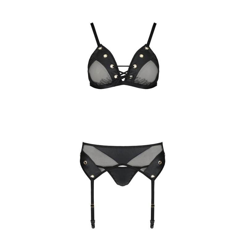 Комплект білизни Passion NESSY SET S/M Чорний, бюстгальтер, пояс для панчіх, стрінги