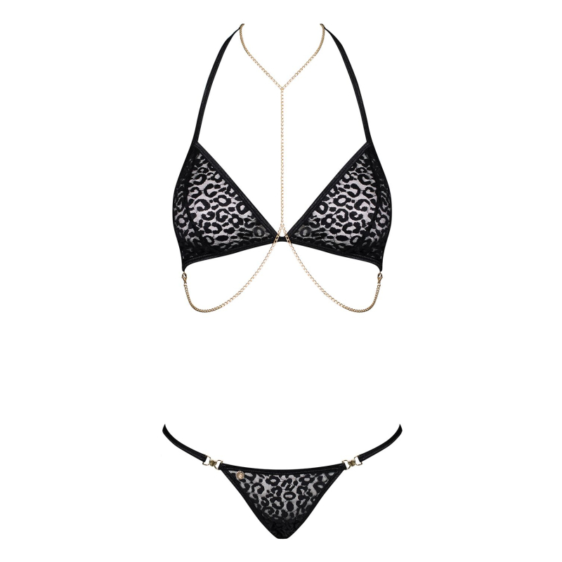 Комплект із ланцюжками Obsessive Pantheria 2–pcs set Чорний S/M, бюстгальтер, трусики