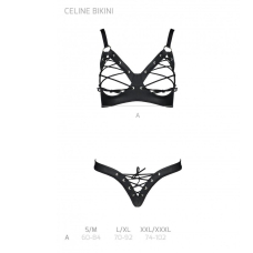 Комплект Passion CELINE BIKINI 2XL/3XL Чорний відкритий бра з стрічками стрінги з шнурівкою, екошкіра