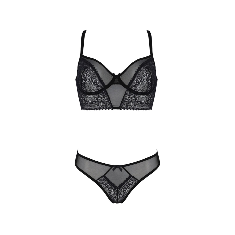 Комплект Passion DROSERA SET Чорний, 2XL/3XL, сітка+мереживо, бюстьє та трусики танга