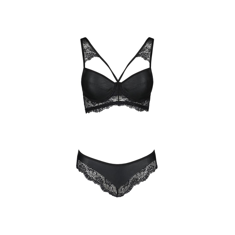 Комплект з еко–шкіри та мережива Passion LOONA SET S/M, чорний колір, бра і трусики