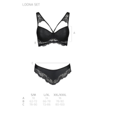Комплект з еко–шкіри та мережива Passion LOONA SET S/M, чорний колір, бра і трусики