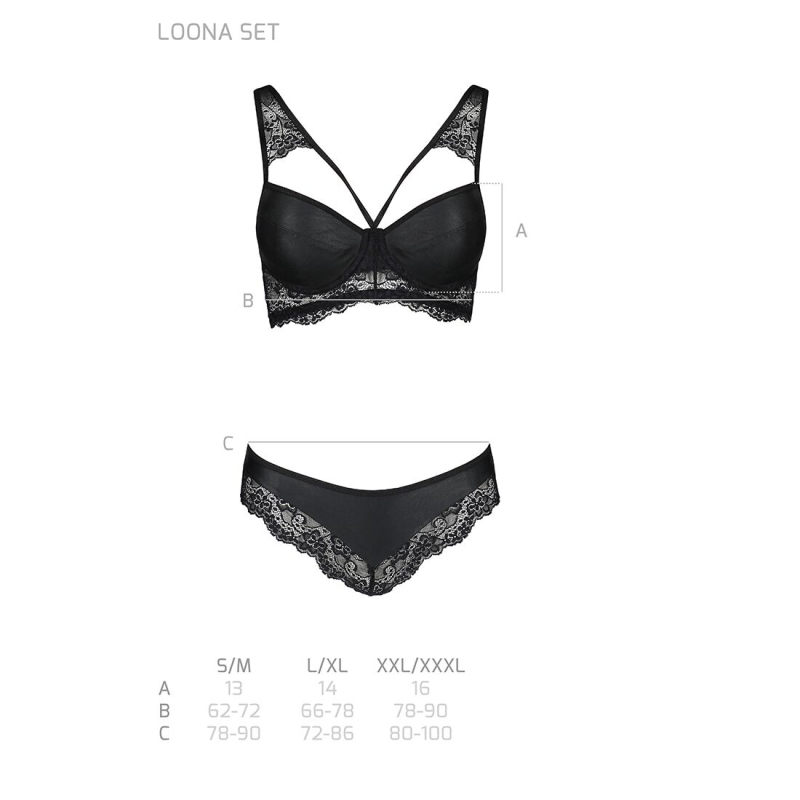 Комплект з еко–шкіри та мережива Passion LOONA SET S/M, чорний колір, бра і трусики