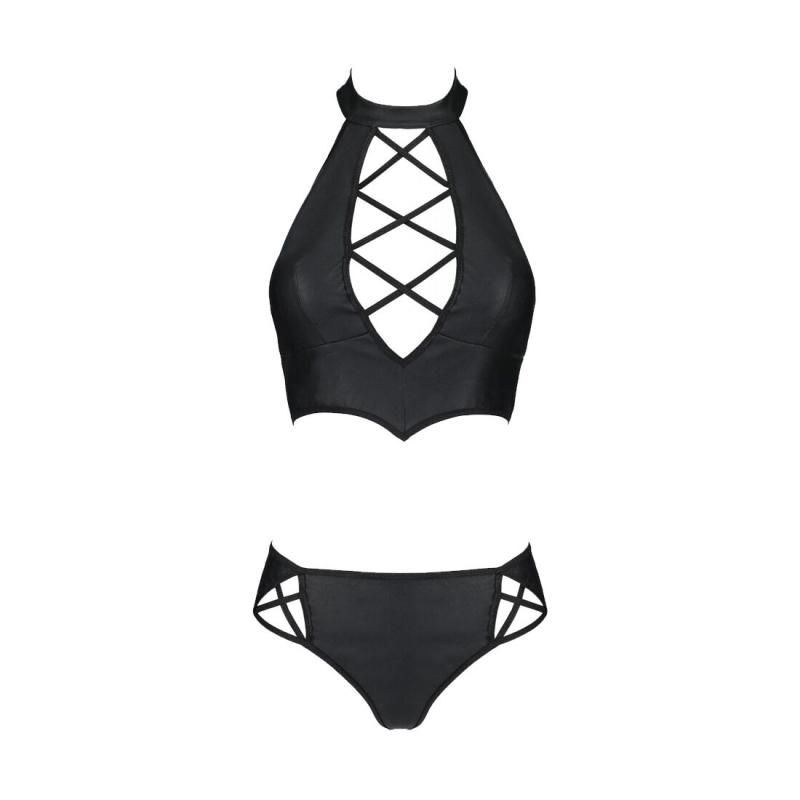 Комплект з екошкіри Passion NANACY BIKINI 4XL/5XL Чорний, бра та трусики з імітацією шнурівки