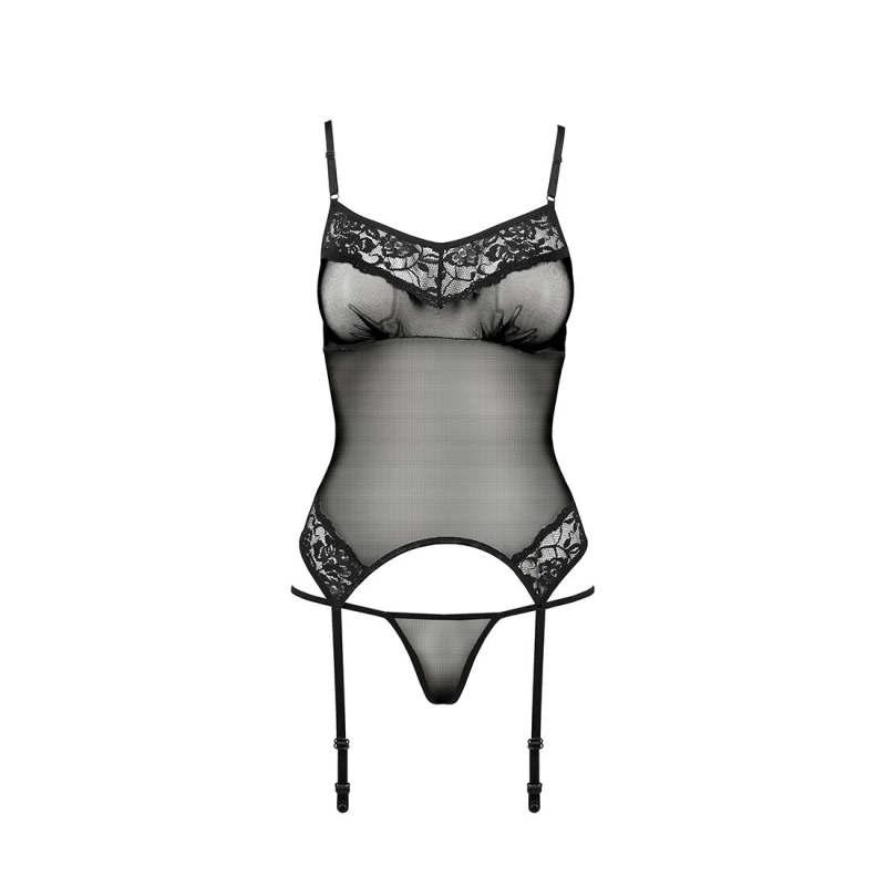 Корсет з пажами Passion MELANIA CORSET 2XL/3XL, чорний колір, трусики, напівпрозорий