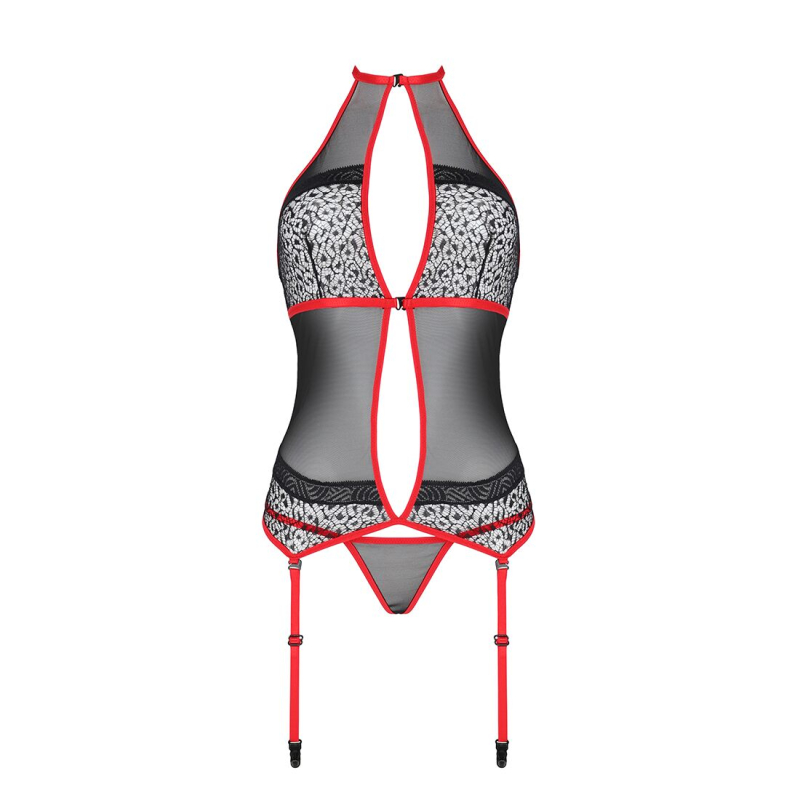 Корсет з пажами PassionSATARA CORSET L/XL червоний, стрінги, мереживо, застібки спереду та ззаду