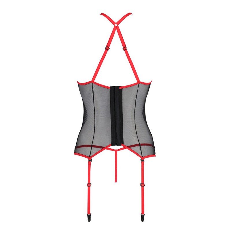 Корсет з пажами PassionSATARA CORSET L/XL червоний, стрінги, мереживо, застібки спереду та ззаду