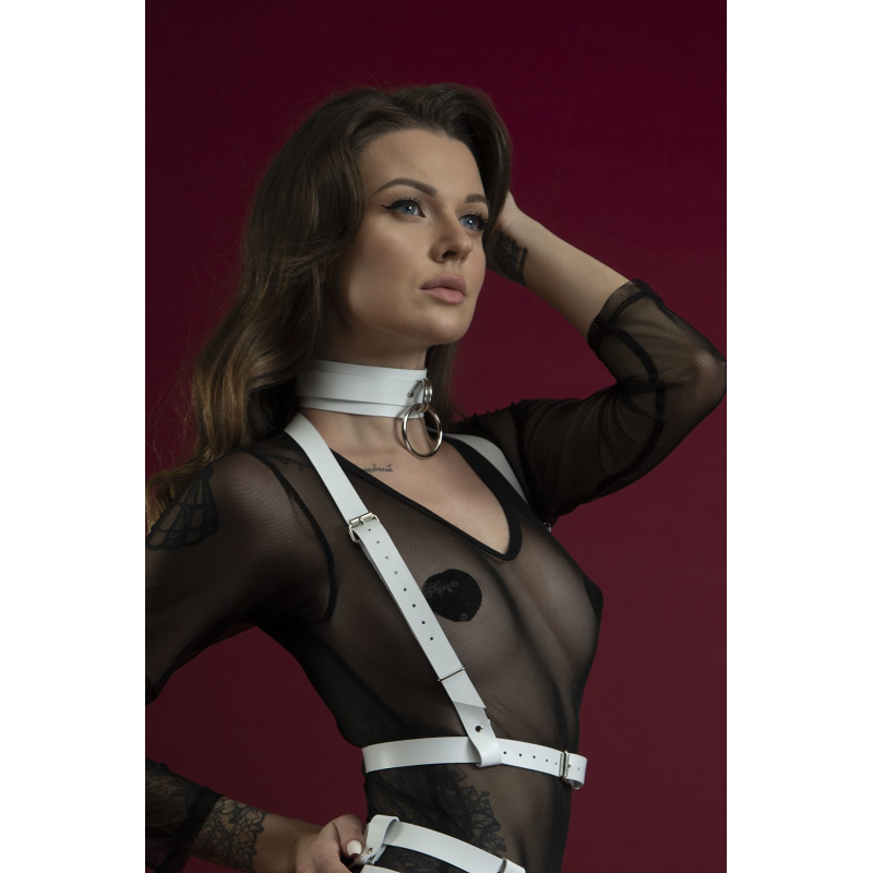 Портупея на груди Feral Feelings – Harness Top, натуральна шкіра, колір білий