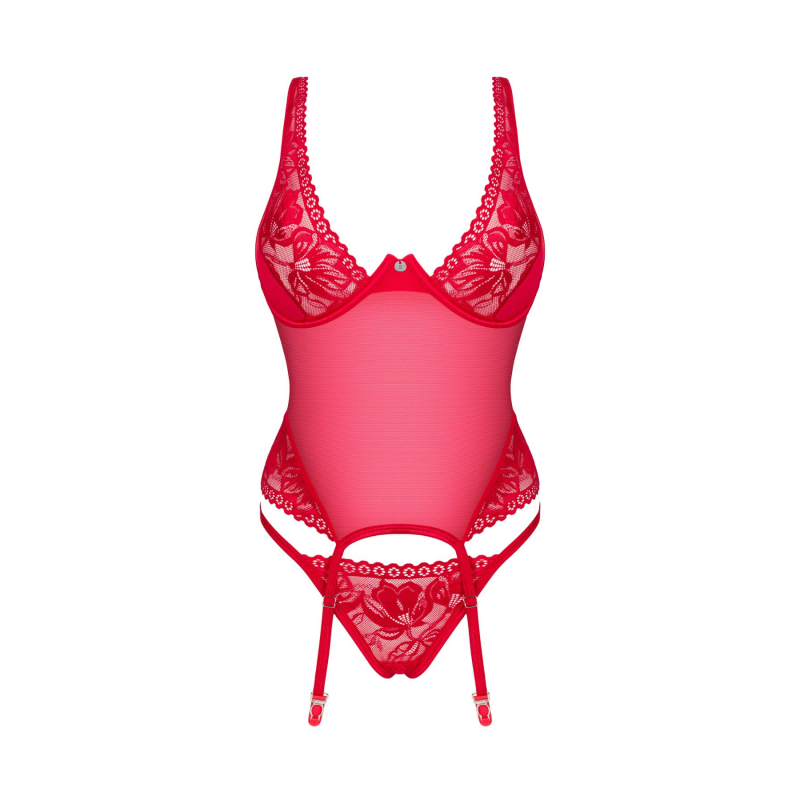 Прозорий корсет Obsessive Lacelove corset M/L Червоний, мереживо, підв’язки для панчіх