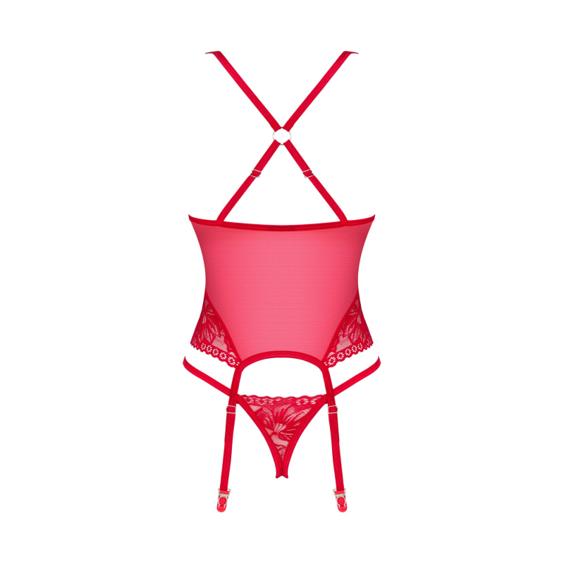 Прозорий корсет Obsessive Lacelove corset M/L Червоний, мереживо, підв’язки для панчіх