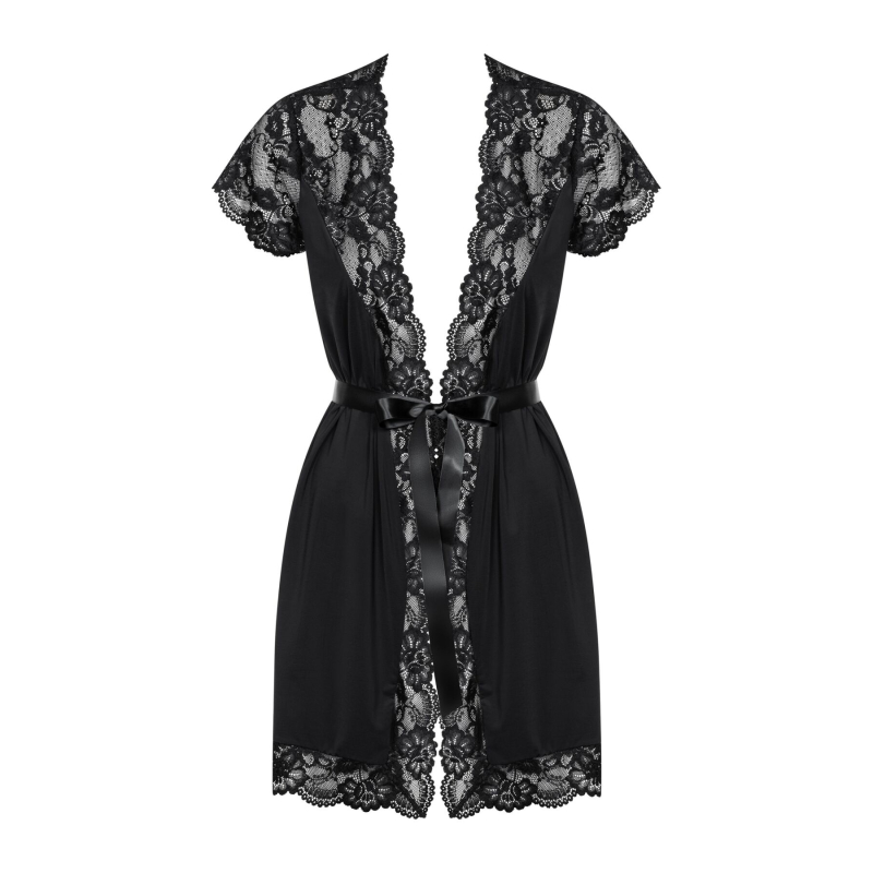 Сатиновий відкритий пеньюар на поясі Obsessive 810–PEI–1 peignoir Чорний S/M, чорний
