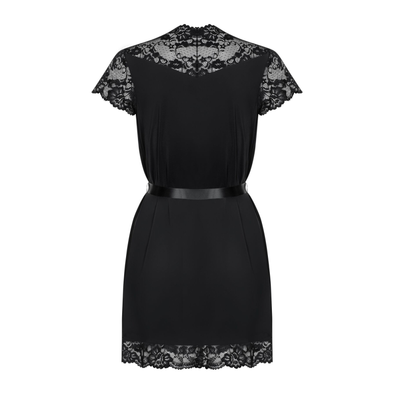 Сатиновий відкритий пеньюар на поясі Obsessive 810–PEI–1 peignoir Чорний S/M, чорний
