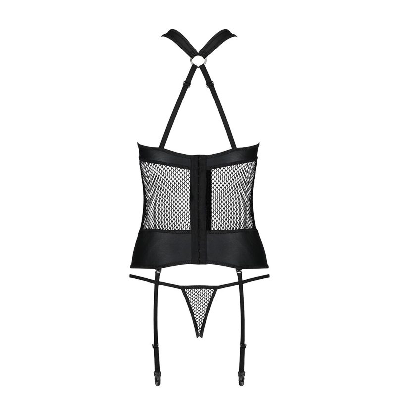 Сетчатый комплект корсет с халтером, съемные подвязки и трусики Passion AMANDA CORSET 2XL/3XL, черный цвет