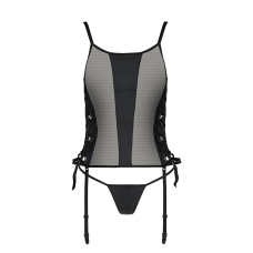 Сітчастий корсет з люверсами та знімними пажами Passion MALWIA CORSET L/XL Чорний, екошкіра, стрінги