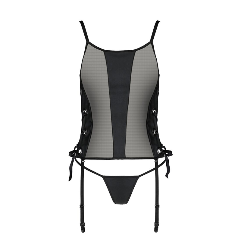 Сетчатый корсет с люверсами и съемными пажами Passion MALWIA CORSET L/XL Черный, эко-кожа, стринги