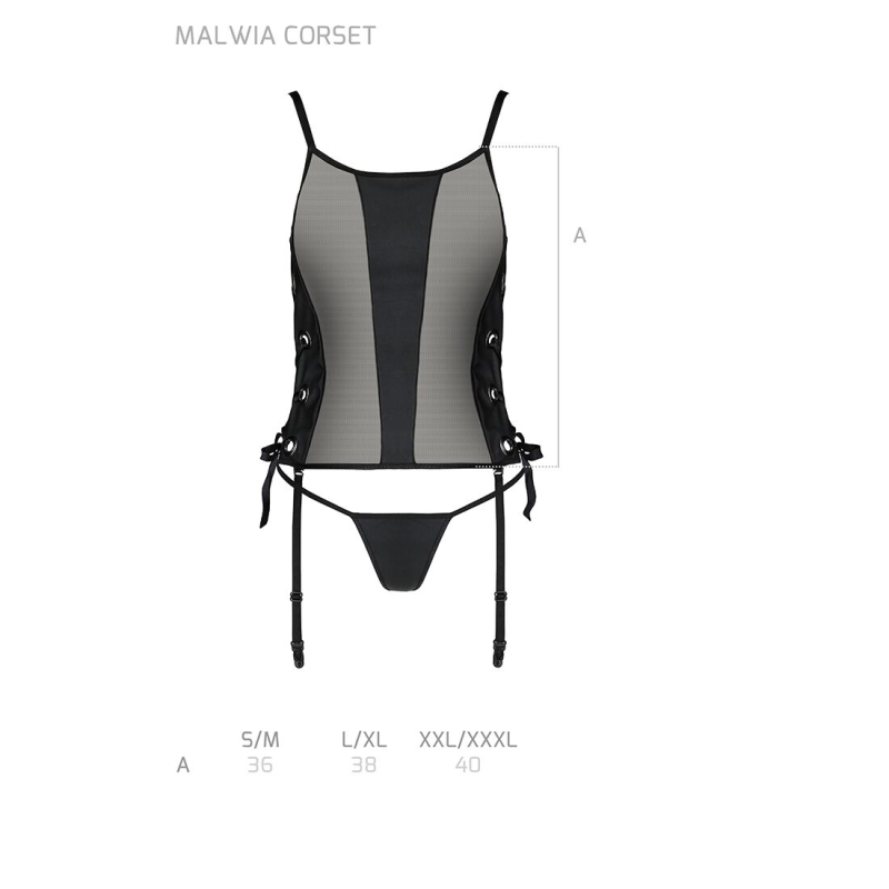 Сетчатый корсет с люверсами и съемными пажами Passion MALWIA CORSET L/XL Черный, эко-кожа, стринги