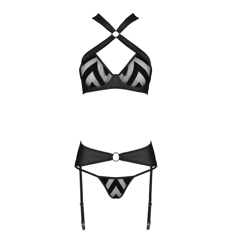 Сетчатый набор с узором, бюстгальтер, трусики, пояс для чулок Passion HIMA SET L/XL черный цвет