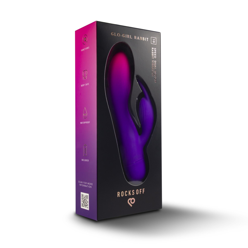 Вібратор-кролик – Rocks Off Glo Girl Rabbit, 2 мотори, 10 режимів, працює від батарейок