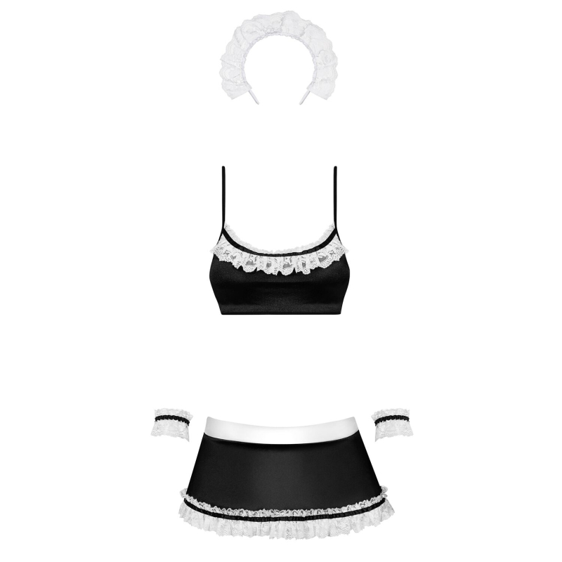 Атласний еротичний костюм покоївки Obsessive Maid set S/M, чорний колір, 5 предметів