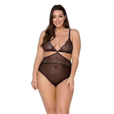 Боди Passion AMBERLY BODY 6XL/7XL Черный, асимметричный крой, кружевной лиф, золотая нитка