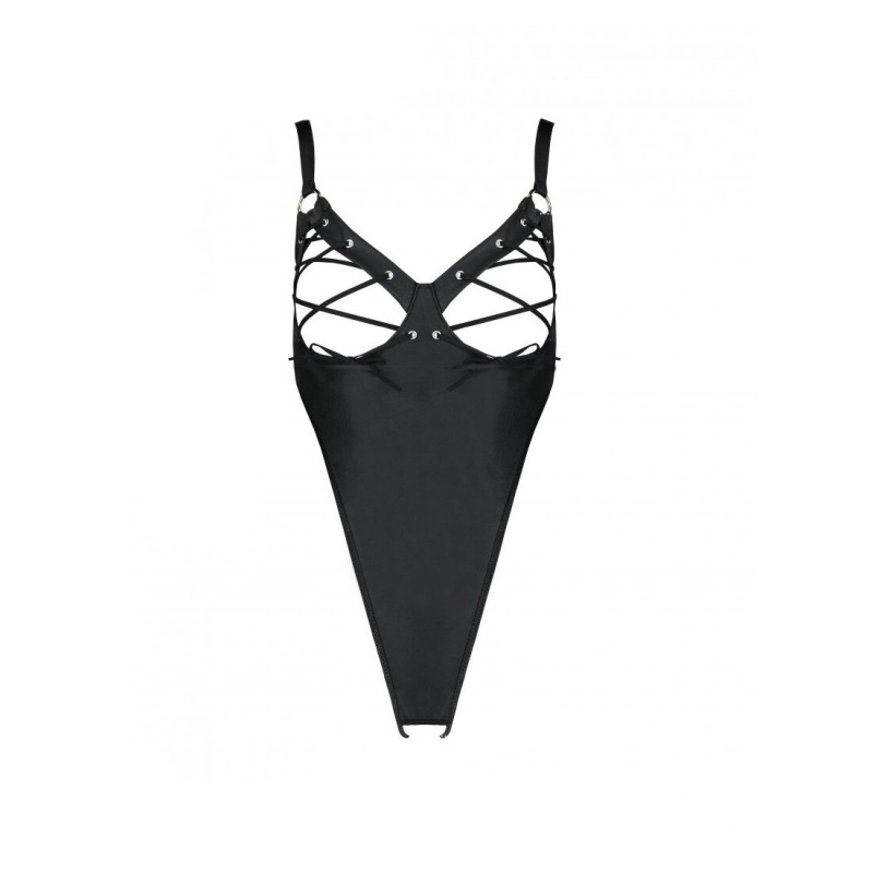 Боді з екошкіри Passion CELINE BODY L/XL, чорний колір, з доступом, відкритий