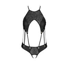 Боді з відкритим доступом Passion TASMINA BODY 2XL/3XL, чорний колір, екошкіра, шнурівки, ажурні мережива