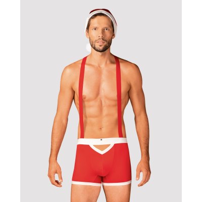 Чоловічий еротичний костюм Санта–Клауса Obsessive Mr Claus S/M, боксери на підтяжках, шапочка з помпами – червоний/білий