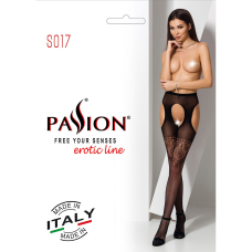 Колготки–бодістокінги з відкритим доступом Passion S017 One Size, Чорний колір, імітація панчіх та пояса