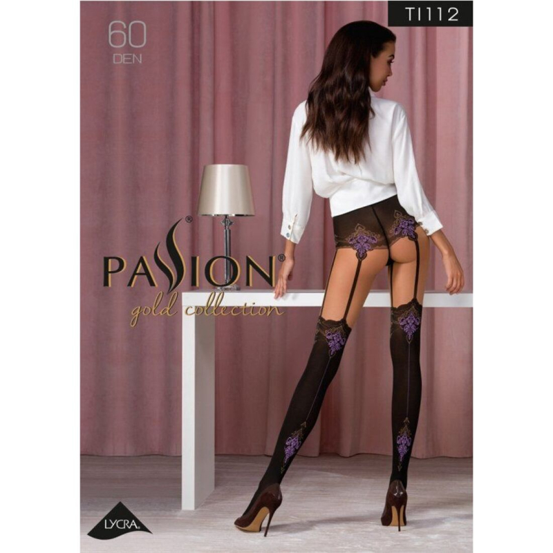 Колготки з ефектом панчох на підв'язках Passion TI112 3/4 (60/20 den), nero–violet