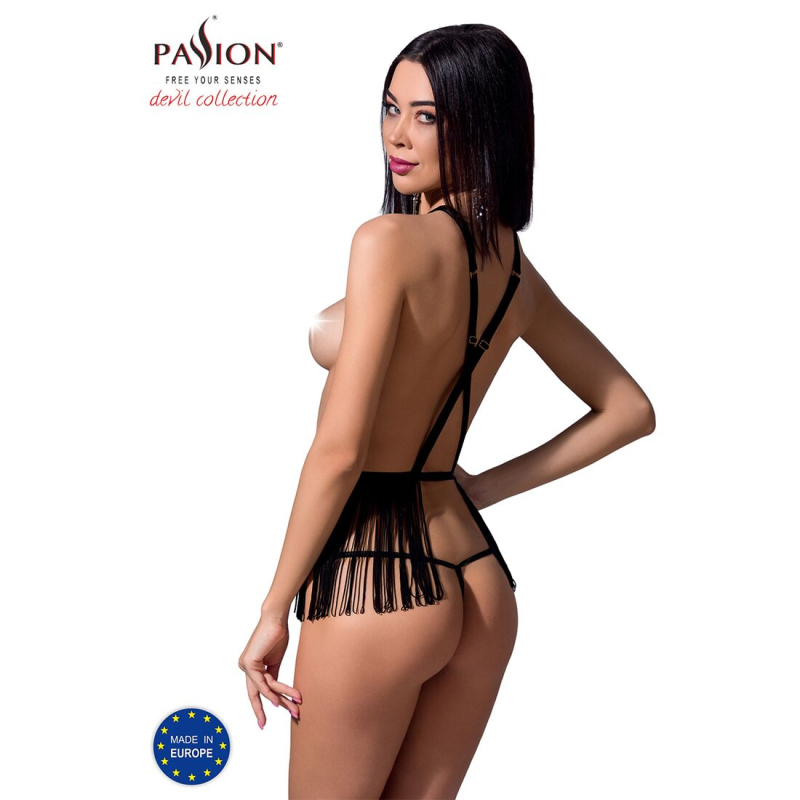 Комплект білизни Passion Exclusive INDRA SET OpenBra L/XL, чорний колір, стрінги, портупея з бахромою