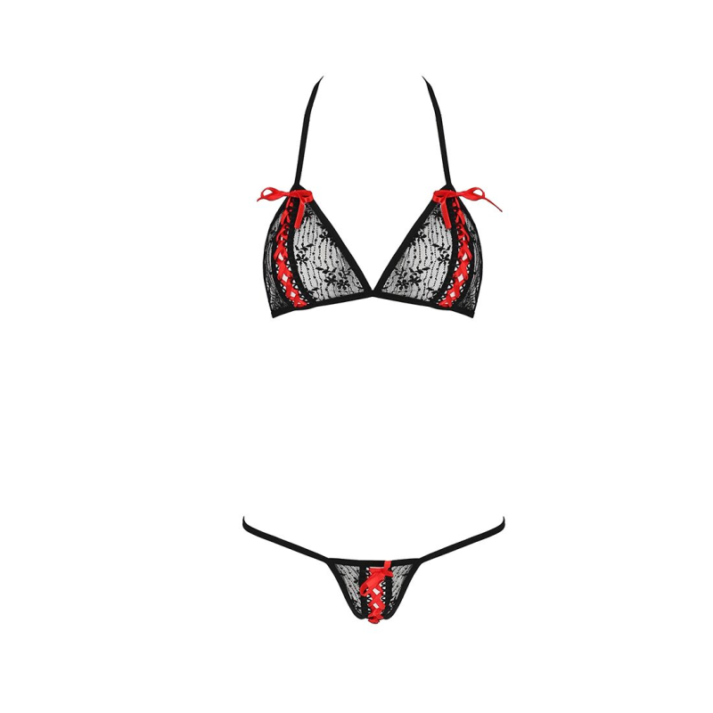 Комплект білизни Passion MELISSA BIKINI S/M, чорний колір, ліф зі шнурівкою і трусики стрінги