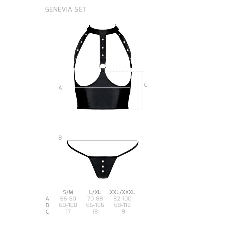 Комплект білизни з відкритими грудьми Passion GENEVIA SET WITH OPEN BRA L/XL Чорний, корсет, стрінги