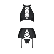 Комплект з еко–шкіри з імітацією шнурівки Passion NANCY SET L/XL Чорний топ, трусики, пояс для панчіх