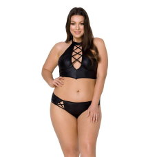 Комплект з екошкіри Passion NANACY BIKINI 6XL/7XL Чорний, бра та трусики з імітацією шнурівки