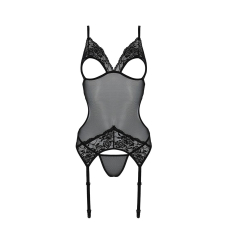 Корсет із підв’язками та ажурним ліфом Passion CHRISTA CORSET L/XL, чорний колір, стрінги в комплекті