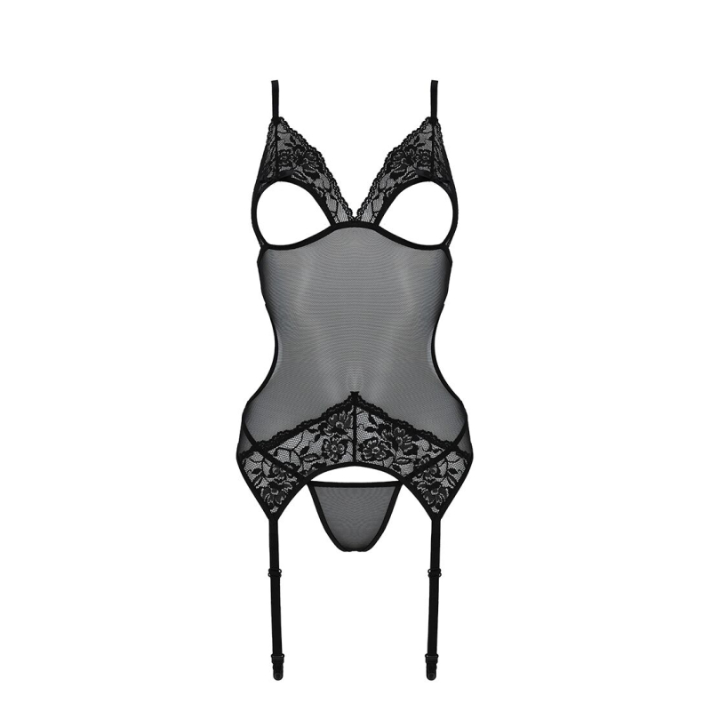 Корсет із підв’язками та ажурним ліфом Passion CHRISTA CORSET L/XL, чорний колір, стрінги в комплекті