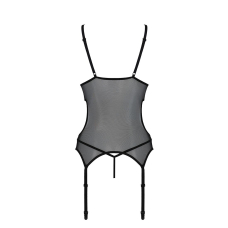 Корсет із підв’язками та ажурним ліфом Passion CHRISTA CORSET L/XL, чорний колір, стрінги в комплекті