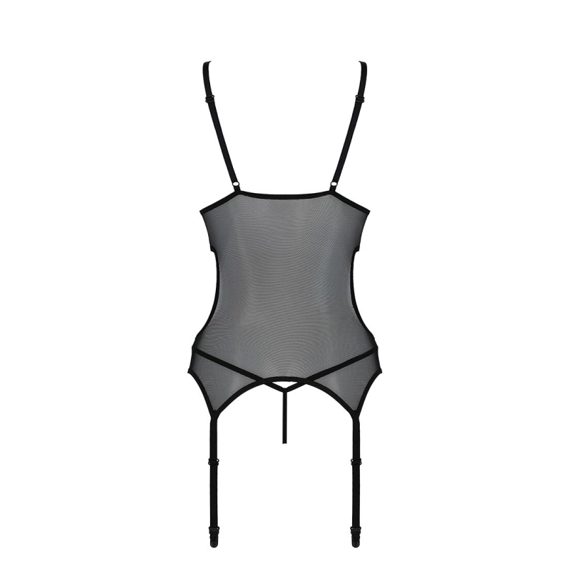 Корсет із підв’язками та ажурним ліфом Passion CHRISTA CORSET L/XL, чорний колір, стрінги в комплекті