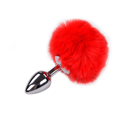 Металлическая анальная пробка Кроличий хвостик Alive Fluffy Plug S Red, диаметр 2.8 см