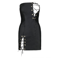 Мінісукня з екошкіри Passion CELINE CHEMISE 4XL/5XL, чорний колір, шнурівка, трусики в комплекті