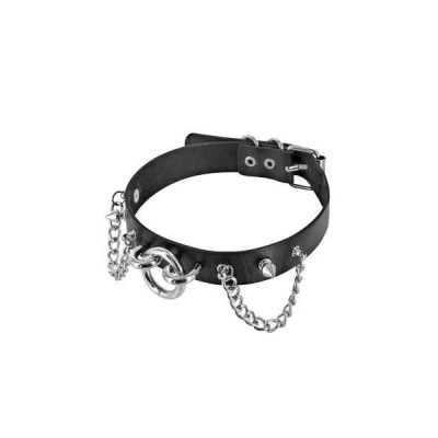 Ошейник с цепочками, шипами и кольцом Fetish Tentation Choker Rings and Chains, экокожа
