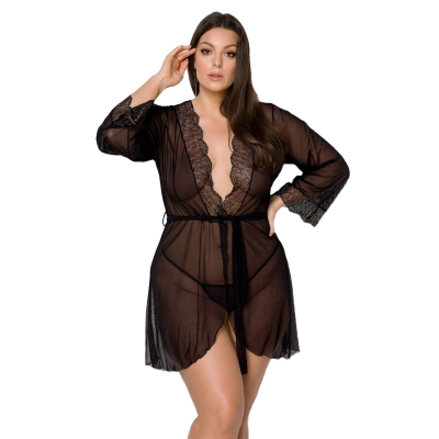 Пеньюар Passion AMBERLY PEIGNOIR 6XL/7XL, чорний колір, ажурні декольте та манжети, широкі рукави