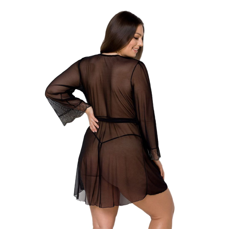 Пеньюар Passion AMBERLY PEIGNOIR 6XL/7XL, чорний колір, ажурні декольте та манжети, широкі рукави