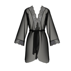Пеньюар Passion AMBERLY PEIGNOIR 6XL/7XL, чорний колір, ажурні декольте та манжети, широкі рукави