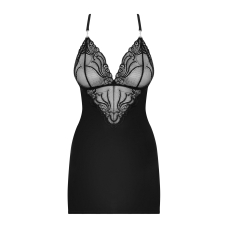 Сатиновий комплект для сну з мереживом Obsessive 828–CHE–1 chemise & thong S/M, чорний, сорочка, стр