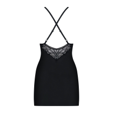 Сатиновий комплект для сну з мереживом Obsessive 828–CHE–1 chemise & thong S/M, чорний, сорочка, стр