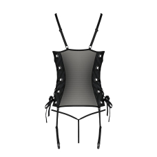 Сетчатый корсет с люверсами и съемными пажами Passion MALWIA CORSET S/M, черный цвет, экокожа, стринги